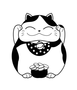 Maneki neko özeti. İnternet sitesi afişi ya da afişi, şişko kedicik. Maskot ya da oyuncak. Oda için Asya dekorasyonu. Lüks ve zenginliğin sembolü. Minimalist yaratıcılık ve sanat. Çizgi film düz vektör çizimi