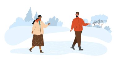 Dışarıda buz pateni pistinde kaymak. Erkek ve kadın dışarıda buzun üstünde. Aktif yaşam tarzı ve eğlence, spor ve kardiyo eğitimi, eğlence. Kış mevsimi ve kar. Çizgi film düz vektör çizimi