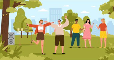 Yaz partisi konsepti. Piknik ve açık hava eğlencesi, içkili kadın ve erkek, alkol ve yemek dansı. Eğlence ve eğlence, hafta sonları ve tatiller doğada. Çizgi film düz vektör çizimi