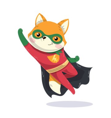 Süper kahraman tilki konsepti. Kırmızı elbiseli, yağmurluk giymiş orman sakini. Fantezi, hayal gücü ve hayali karakter. Kumaş üzerine yazdırmak için grafiksel öge. Çizgi film düz vektör çizimi