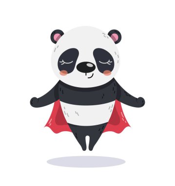 Süper kahraman panda konsepti. Çocuklar için oyuncak ya da maskot, yağmurluk giymiş kara ayı meditasyon yapıyor. Konsantrasyon ve sakinlik. Hayal gücü ve hayal gücü. Süper güçlü bir hayvan. Çizgi film düz vektör çizimi