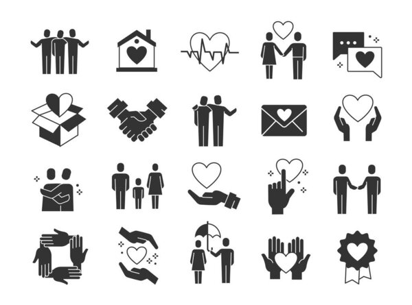 Care icons black. Collection of graphic elements for website. Medicine and health care. Poster or banner. Charity, support and help. Cartoon flat vector illustrations isolated on white background