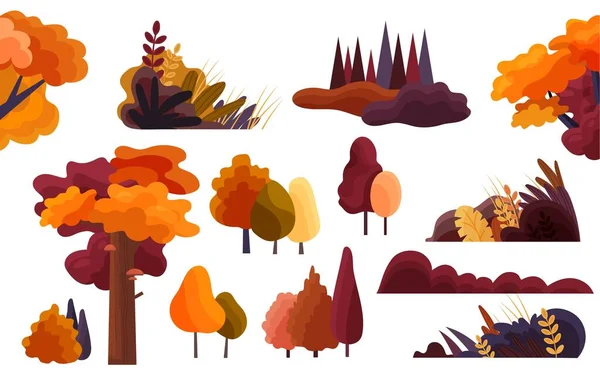 秋の風景コレクション ウェブサイトのグラフィック要素のセット 黄色い葉とオレンジの茂みのある木 シティやタウンパーク 白い背景に隔離された漫画の平らなベクトルのイラスト — ストックベクタ
