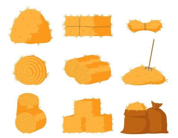 Bale of hay farming haycock. Collection of graphic elements for website. Farming and agriculture, food for pets, cows and horses. Cartoon flat vector illustrations isolated on white background