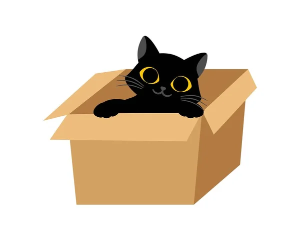 Schwarze Katze Mit Schachtel Kätzchen Mit Großen Gelben Augen Schaut — Stockvektor