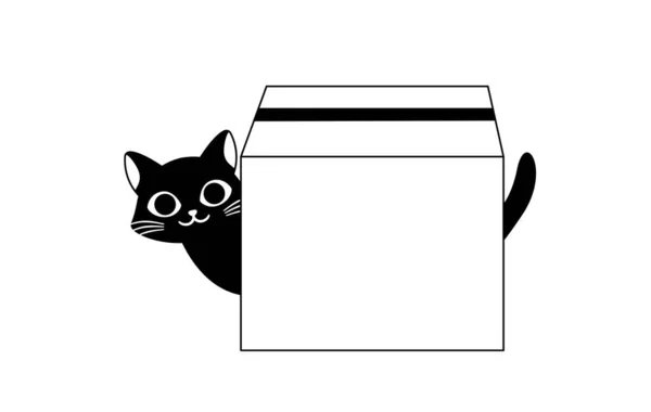 Black Cat Box Doodle Charming Cute Kitten Peeks Out Overturned — Stock Vector