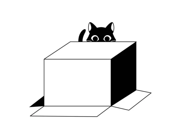 Black Cat Box Doodle Character Sits Overturned Cardboard Box Comfort — Stock Vector