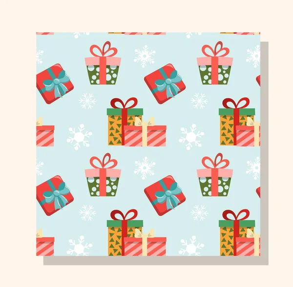 圣诞节无缝图案 复述包装纸印刷的设计要点 礼品盒 礼物和惊喜 明亮的装饰 寒假和节假日 卡通平面矢量插图 — 图库矢量图片
