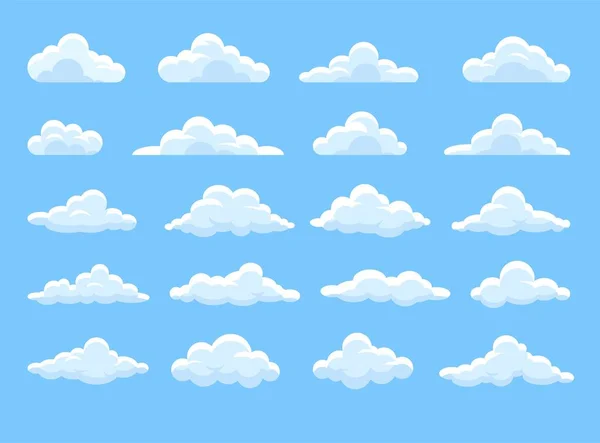 云的集合 为网站收集图形元素 温柔和爱的象征 气候和大气 在蓝色背景上孤立的卡通平面矢量插图 — 图库矢量图片