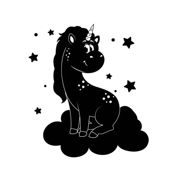 Concetto Silhouette Unicorno Pony Affascinante Siede Sfondo Stelle Elemento Grafico — Vettoriale Stock