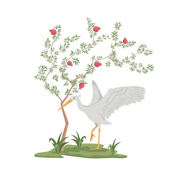 バードと植物 ヘロンは赤い果実 リンゴの木の隣に立っています Webサイトのポスターまたはバナー 動植物 アジアの自然とスタイル ガーデニングと野生生物 漫画フラットベクターイラスト — ストックベクタ