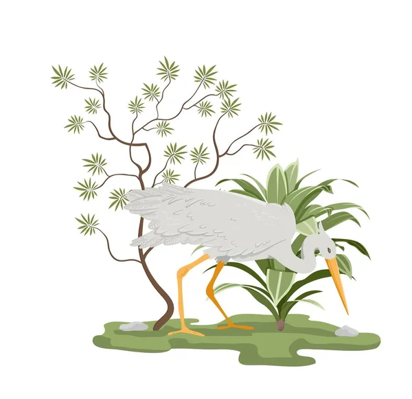 Pássaro Planta Cegonha Branca Pelicano Fundo Árvore Com Folhas Minimalistas — Vetor de Stock