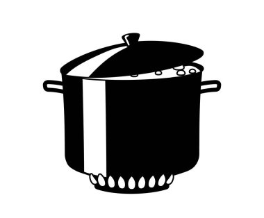 Siyah tencere ikonu. Sosyal ağlar ve anlık kuryeler için etiket. Kafe ya da restoran için minimalist logoti, markalaşma. Yemek pişirme ve hazırlama konsepti. Çizgi film düz vektör çizimi