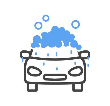 Araba servisi karalama ikonu. Mavi köpüklü taşımacılık, temizlik. Araç tedavisi kimyasalları. Sosyal ağlar ve kuryeler için etiket. Estetik ve zarafet. Çizgi film düz vektör çizimi