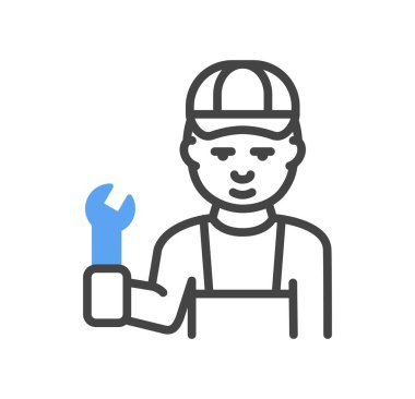 Araba servisi karalama ikonu. İngiliz anahtarı olan koruyucu kasklı bir adam. Tamirci ve araç tamir uzmanı. Şirket, organizasyon ve markalaşma için şık bir logoz. Çizgi film düz vektör çizimi