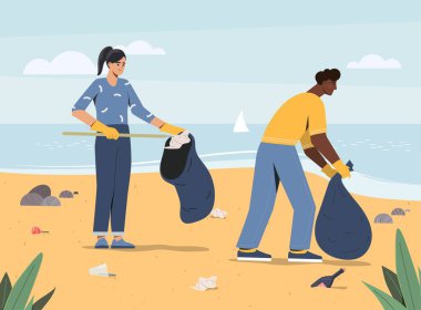 İnsanlar plajı temizliyor. Kadın ve erkek çöp torbaları topluyor. Çevre aktivistleri ve gönüllüler, doğa ve çevre kaygısı, sorumlu toplum konsepti. Çizgi film düz vektör çizimi