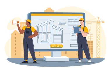 İnşaat işçileri konsepti. Miğferli adamlar çekimin arka planında. Evler, gökdelenler, şehir mimarisi ve dış yapı. Mühendislik ekibi. Çizgi film düz vektör çizimi