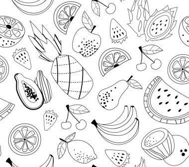 Meyve çizgisi pürüzsüz. Kumaş üzerine baskı yapmak için tasarım ögesi tekrarlanıyor. Tropik ve egzotik, doğal ve organik ürünler. Ananas, kiraz ve muz. Çizgi film düz vektör çizimi