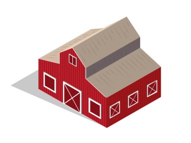 Isometric çiftlik ahırı. Web sitesi için grafik ögesi. Kırmızı bina ve dış bina. Köy manzarası, tarım ve tarım. Hayvanlar, inekler, atlar ve domuzlar için ahşap ev. Çizgi film 3d vektör çizimi