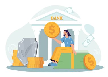 Bankada para. Bankanın arka planında altın sikke olan banknotların üzerinde oturan kadın. Finansal işlemler, ekonomi ve ticaret. Web sitesi afişi ya da afişi. Çizgi film düz vektör çizimi