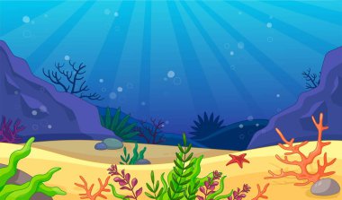 Under water background. Sea or ocean and landscape. Sea star and algae. Poster or banner for website. Flora and fauna. Colorful foliage, botany and floristry. Cartoon flat vector illustration clipart