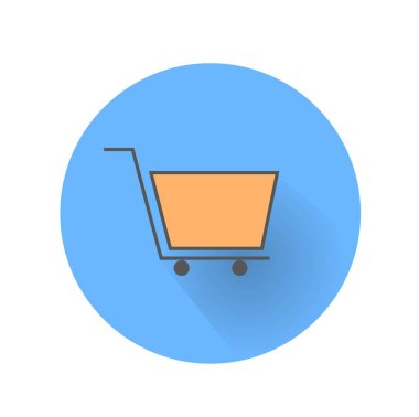 Sepet ya da araba ikonu. Lojistik ve ulaşım, malların depoda taşınması. Ticaret ve ev teslimatı. Web sitesi afişi ya da afişi. Şablon ve düzen. Çizgi film düz vektör çizimi