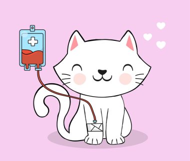 Kan nakli kedisi. Sağlık ve hayvanlarla ilgilenmek, tıbbi afiş ya da web sitesi afişi. Veterinerlik kliniği için logoti. Bağış, yardım, rehabilitasyon. Çizgi film düz vektör çizimi
