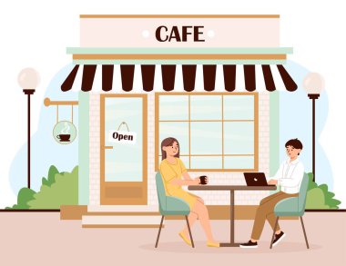 Kafenin yanındaki insanlar. Erkek ve kadın küçük bir binanın önünde masada oturuyorlar. Rahatlık ve rahatlık, işten sonra dinlenme. Kaliteli servis, romantik bir buluşma. Çizgi film düz vektör çizimi