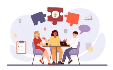 Takım çalışması konsepti. Erkekler ve kadınlar masada oturup projeleri tartışırlar. Beyin fırtınası ve anlayış, işbirliği, takım çalışması ve ortaklık, işbirliği. Çizgi film düz vektör çizimi