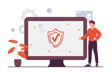 Güvenlik bilgisayarda. Bilişim uzmanı ve programcı kalkan ve kontrol işaretli bilgisayar monitörünün yanında duruyor. Antivirüs ve hacker koruması, internet konseptinde güvenlik. Çizgi film düz vektör çizimi