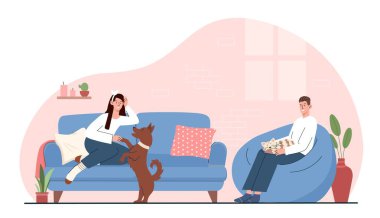 Evcil hayvanlı günlük sahneler. Erkek pouffe üzerinde kedi dizlerinin üzerinde oturur, ve kadın kanepeye uzanır ve köpek pençelerini tutar. Ev ve dairede konfor ve konfor, ev sahipleri. Çizgi film düz vektör çizimi