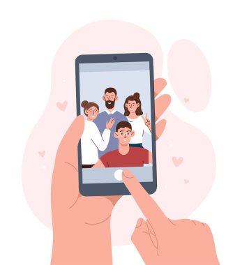 Arkadaşlar selfie çekiyor. Ailesiyle, anılarıyla ve partisiyle genç bir adam. Modern teknolojiler ve dijital dünya, sosyal ağlar için ilginç içerik. Poster ya da afiş. Çizgi film düz vektör çizimi