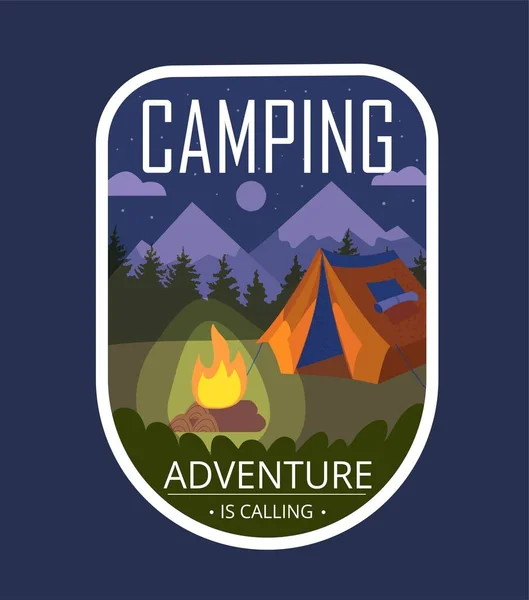 露营探险标志类型 帐篷和篝火与文字 冒险和积极的生活方式 旅游和旅行 徒步旅行 在森林里的户外休息海报或横幅 卡通平面矢量插图 — 图库矢量图片