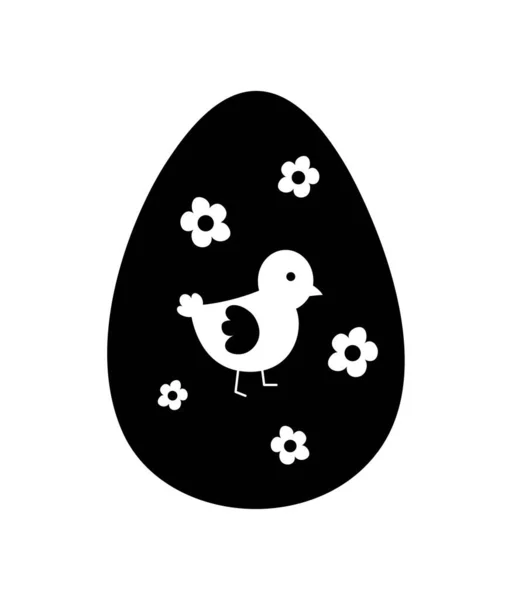 ブラックエッグシルエット 鳥とひよこは花に囲まれています 生地に印刷するためのグラフィックエレメント 会社や組織のための最小限のロゴタイプ ブランディング 漫画フラットベクターイラスト — ストックベクタ