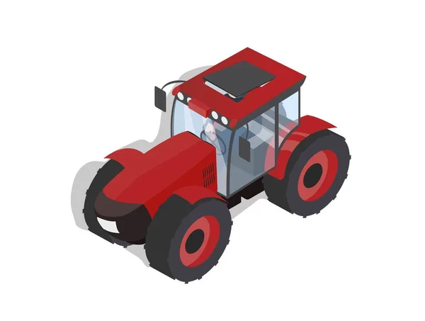Isométrico Tractor Rojo Granja Inventario Para Transporte Cultivos Limpieza Campos — Vector de stock