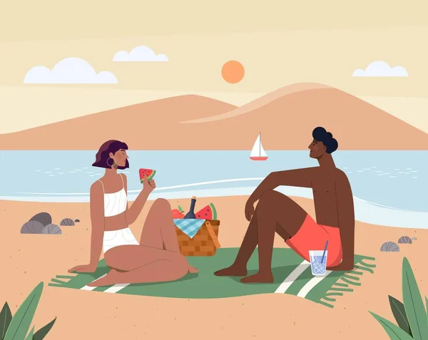 Piknik Plaży Mężczyzna Kobieta Siedzą Plaży Patrzą Jezioro Lub Morze — Wektor stockowy