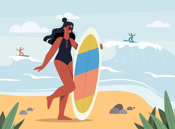 Kobieta Surfująca Oceanie Dziewczyna Deską Surfingową Plaży Aktywny Tryb Życia — Wektor stockowy