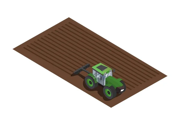 田里的工作是等距的 拖拉机在农场和农业中挖床 实现工艺自动化 乡村风景 收获运输和车辆 夏天或春天 卡通3D矢量插图 — 图库矢量图片