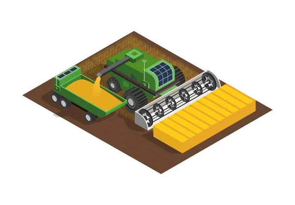 フィールドでの作業は幾何学的である 農業オートメーション イノベーションの収穫と研削のためのトラクター 輸送と車両 トラック 田舎と村について カートゥーン3Dベクターイラスト — ストックベクタ