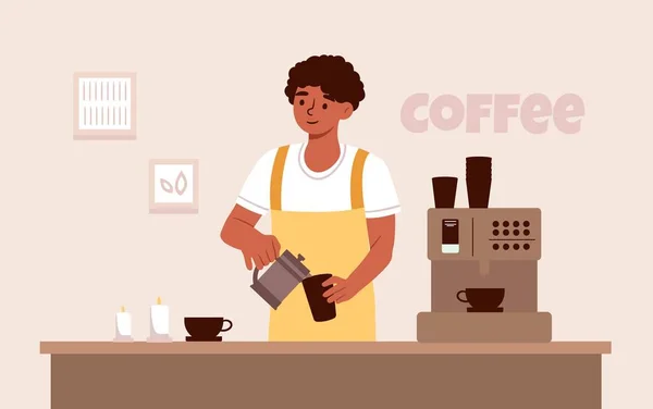 Barista Sul Posto Lavoro Uomo Seduto Con Caffè Bevanda Calda — Vettoriale Stock