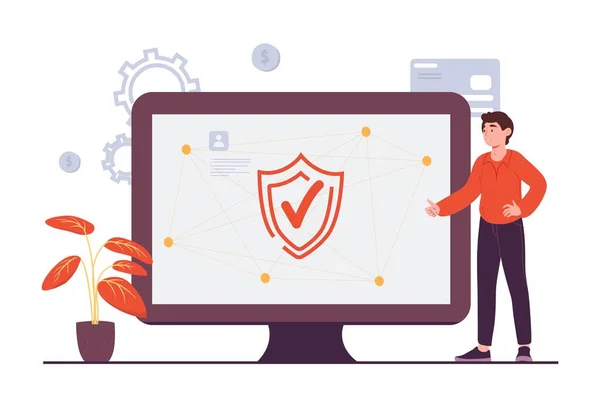 Security Specialist Programmer Stands Computer Monitor Shield Checkmark Antivirus Hacker — Stock Vector