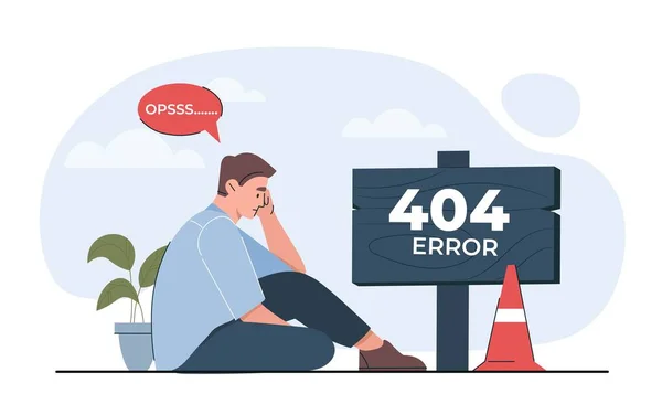 疲れた人間の概念 404エラーサインの横に座っている若者 インターネットにはページがない ウェブサイトのランディングページとグラフィック要素 問題やトラブル 漫画フラットベクターイラスト — ストックベクタ