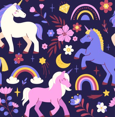 Tek boynuzlu atların kusursuz deseni. Sihirli pembe midilliler, açan çiçekler, gökkuşakları ve yıldızlarla tekrarlanan şablon. Bebek tekstili ya da giysi tasarımı için. Çizgi film düz vektör çizimi
