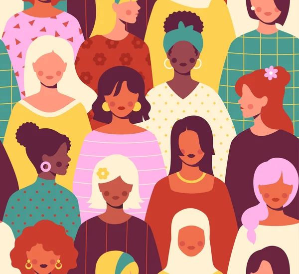 女人的无缝图案 重复模板与不同多种族美丽的女孩站在一起 女权运动 姐妹情谊和争取权利斗争 3月8日卡通平面矢量插图 — 图库矢量图片