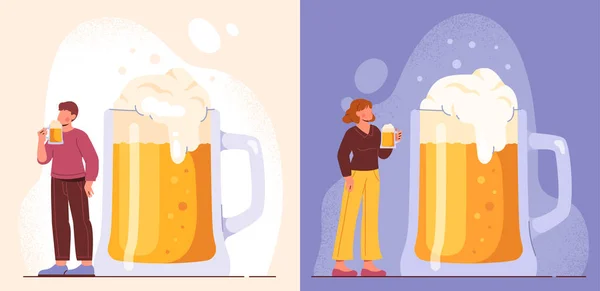 喝啤酒的人男人和女人站在大玻璃杯旁边 喝着酒精饮料和泡沫 在酒吧庆祝派对 好喝的饮料贺卡的设计元素 卡通平面矢量插图 — 图库矢量图片