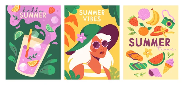 Letní Plakáty Sklenice Ovocným Koktejlem Nebo Koktejlem Krásná Dívka Slunečních — Stockový vektor