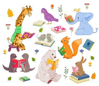 Komik hayvanlar kitap seti okurlar. Zürafa, fil, fare ve renkli kuşlar. Ayı, tavşan ve tilki ders kitaplarıyla. Bilgi ve edebiyat. Beyaz arkaplanda izole edilmiş çizgi film düz vektör çizimleri