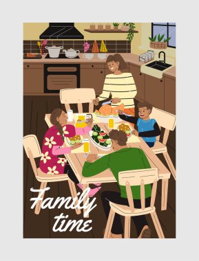 Her gün insanlar geliyor. Bir adam ve bir kadın, oğulları ve kızlarıyla birlikte sebze ve etle masada oturuyorlar. Öğle ve akşam yemeğinde mutlu bir aile. Çocuklu ebeveynler. Çizgi film düz vektör çizimi