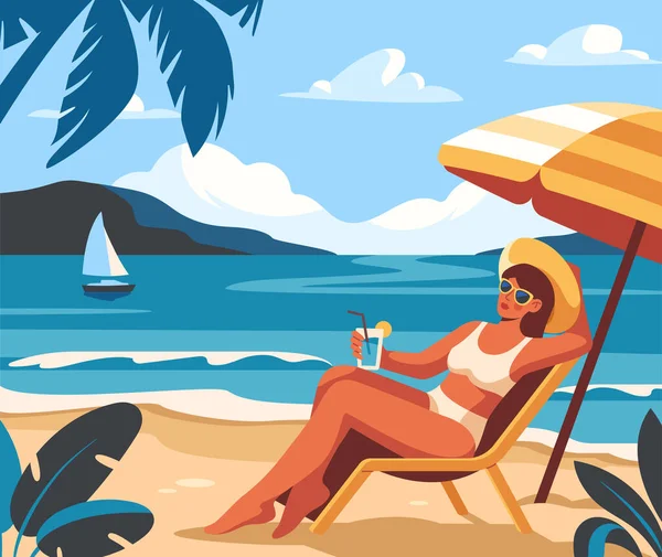Kobieta Plaży Koktajlem Turyści Relaksują Się Przy Drinku Ośrodku Wakacje — Wektor stockowy