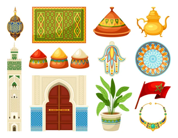 Conjunto Elementos Marrocos Lâmpada Tradicional Tapetes Estampados Cerâmica Cultura Oriental — Vetor de Stock